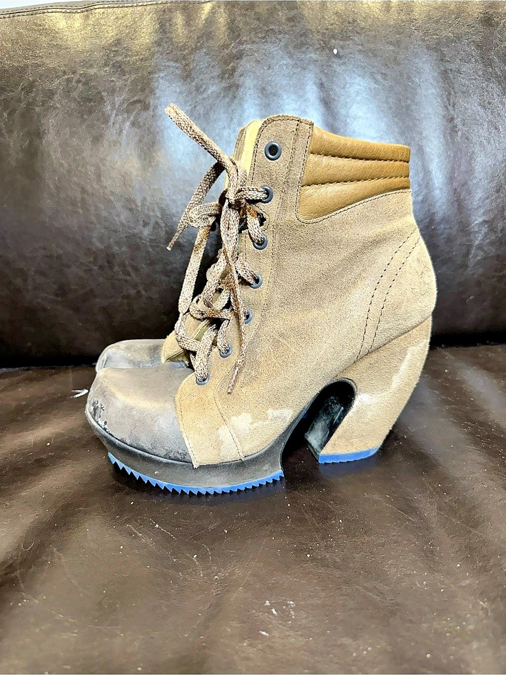 John Fluevog Prepare Hi Summit Platform Ankle Boots Taupe Grey sz 6.5